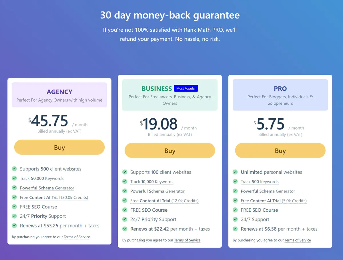 Rank Math PRO Pricing Plans